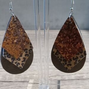 Leopard Print Layered Teardrop Earrings Faux Leather